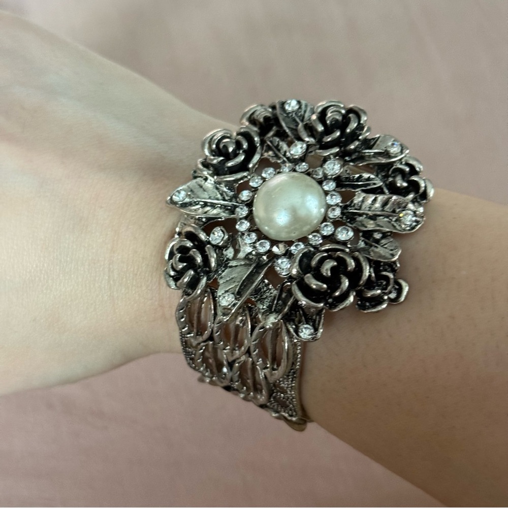 Vintage Statement Bracelet Floral Rhinestone Pearl Accent Silver-Tone Wide Cuff